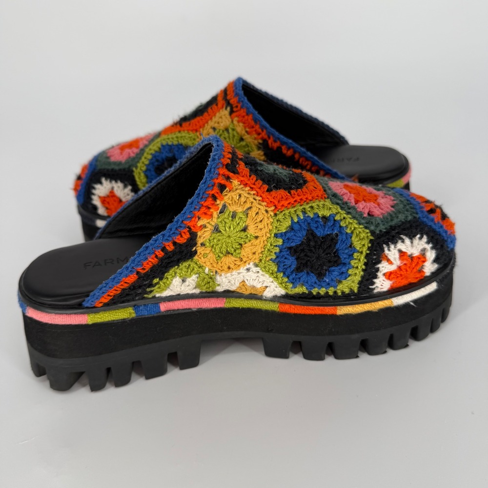FARM RIO BLACK COLORFUL CROCHET PLATFORM MULES SIZE 8 GRANNY SQUARE BOHO HIPPIE - Picture 9 of 13